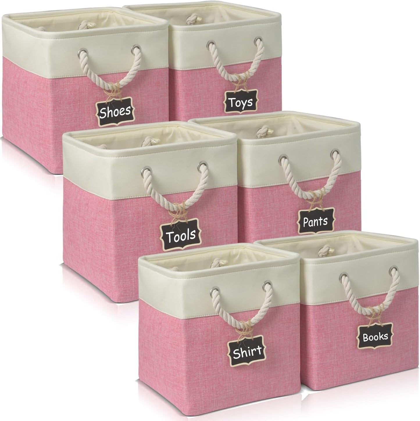 13 Inch Cube Storage Bins[6 Pack],Fabric Storage Cubes with Rope Handles, Eco-Friendly Linen Collapsible Organizers for Closet, Nursery, Toys, Office, Bathroom – Dual Color Design.(White&Pink)