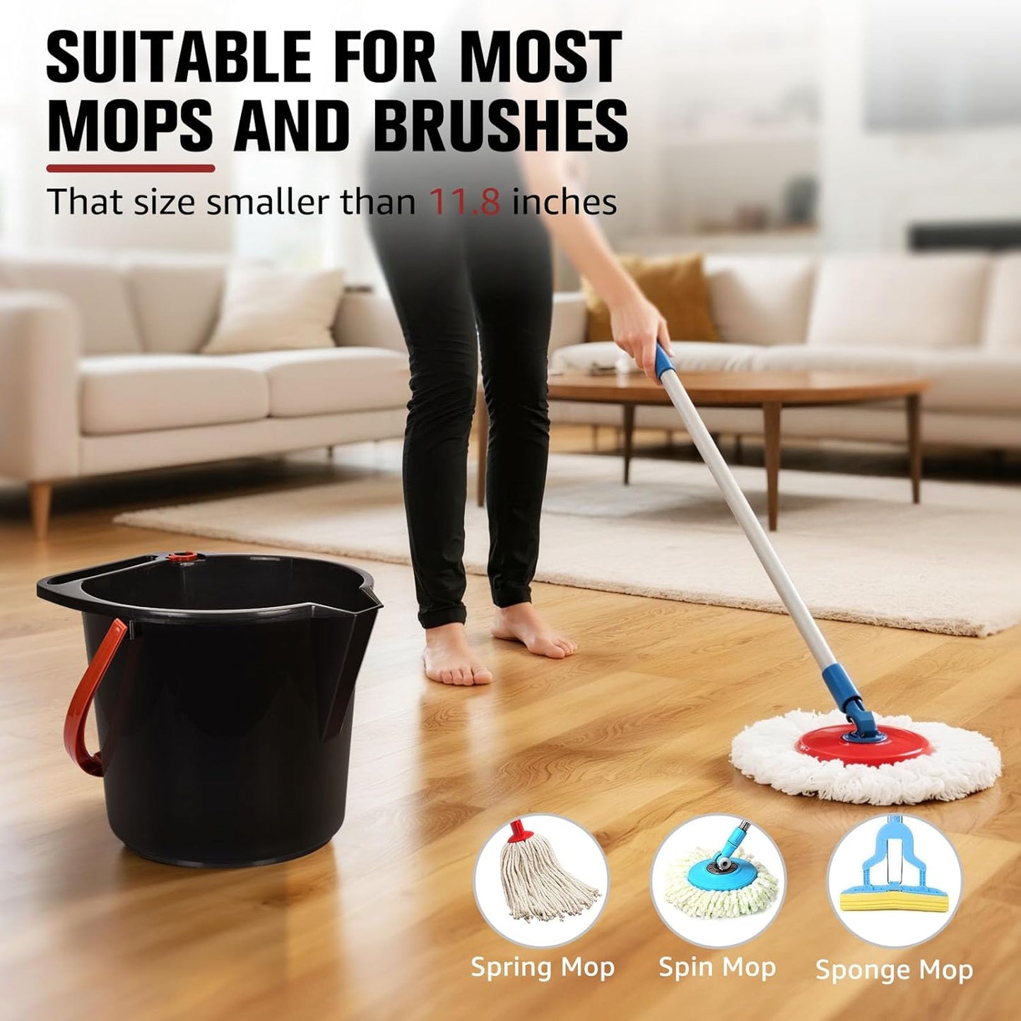 Matthew Cleaning 4.2 Gallon Mop Bucket, Heavy Duty Plastic Cleaning Bucket with Built-in Pour Spout, Mop Holder and Comfort Grip Handle, House and Commercial Cleaning Supplies, 1 Pack Black