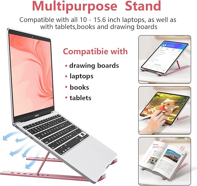 Laptop Stand for Desk, Aluminum Metal MacBook Stand，Computer Riser for Desk, Portable Foldable Adjustable Notebook Holder, Compatible with 10-15.6 Inch Laptops, iPad, Rose Gold.
