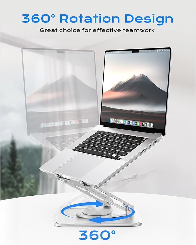 Adjustable Laptop Stand, Computer Stand with 360 Rotating Base, Ergonomic Laptop Riser Mount for Desk Foldable Protable Computer Desk Fits with MacBook Pro Air (10-16") - White