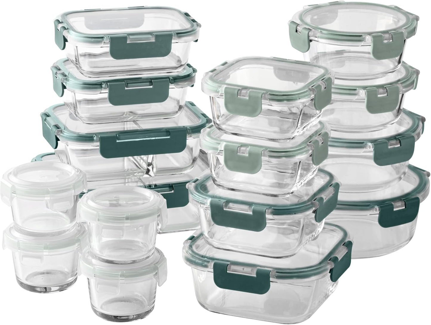 COOK WITH COLOR Premium 32-Pc. Borosilicate Glass Food Container Set with Dividers - 4 Rectangles, 8 Rounds, 4 Squares - Leakproof Lids - Meal Prep, Storage, Ombre Green