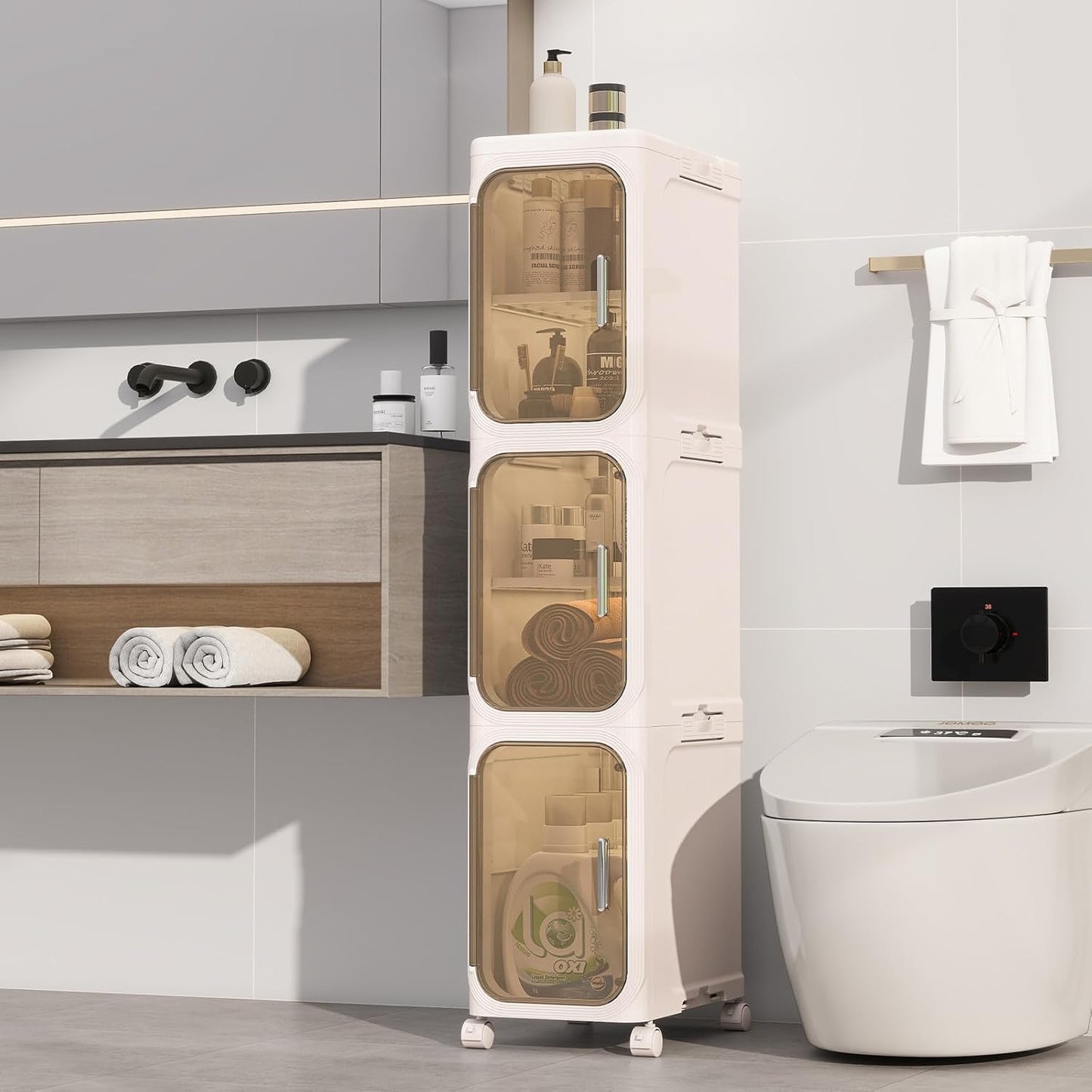 KHNR 3-Tiers Slim Bathroom Storage Cabinet, Foldable Storage Cabinets,Narrow Bathroom Storage,Movable Bathroom Storage Organizer for Small Spaces,Bathroom,Kitchen,Laundry,Cream White