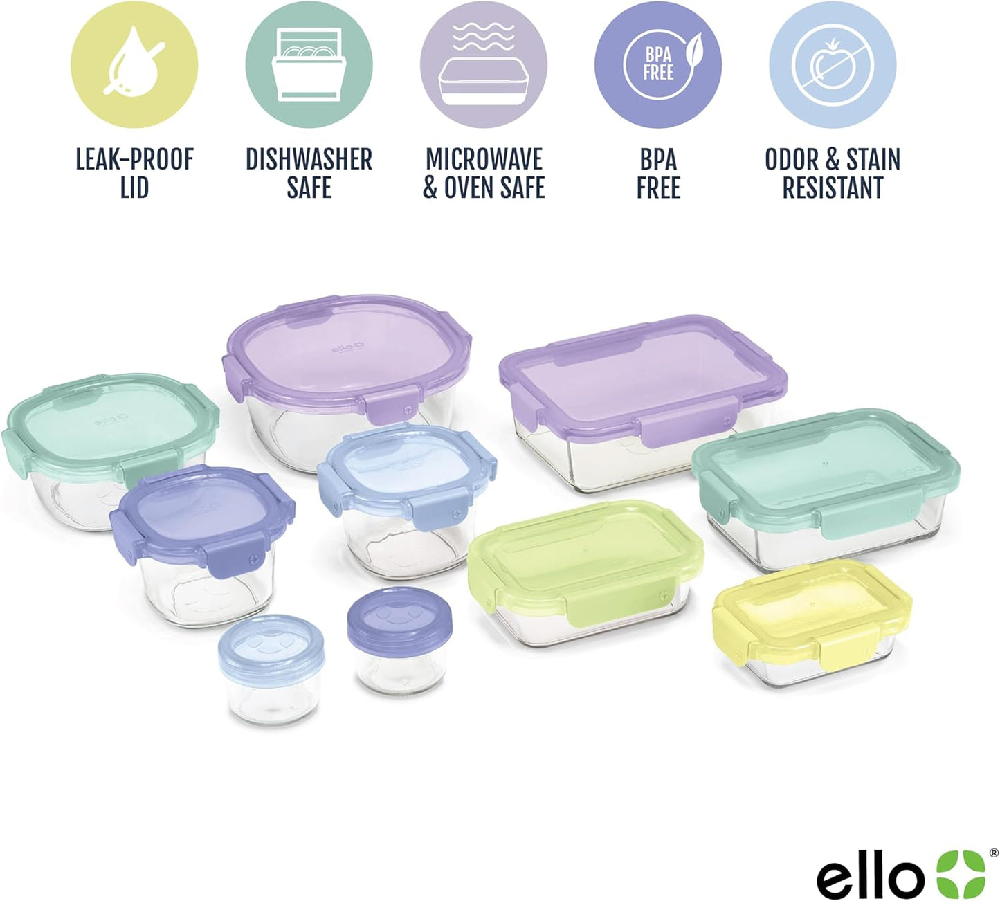 Ello Color Lock 20PC Mixed Glass Food Storage Sets, Leak-Proof Glass Food Storage Containers with Airtight BPA-Free Plastic Lids, Dishwasher, Microwave, and Freezer Safe, Purple Rain
