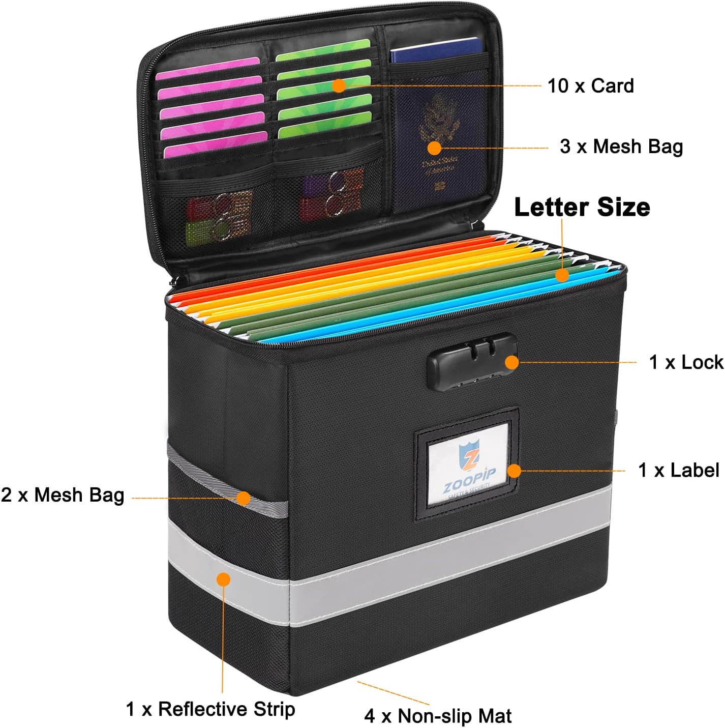 Fireproof File Box with Lock, Document Box Storage Organizer, Suitable for Hanging File Folders in Letter Size, Collapsible File Box, Reflective Strip for Fast Find (12.2"*6"*10.2 (Black, 2Pcs)