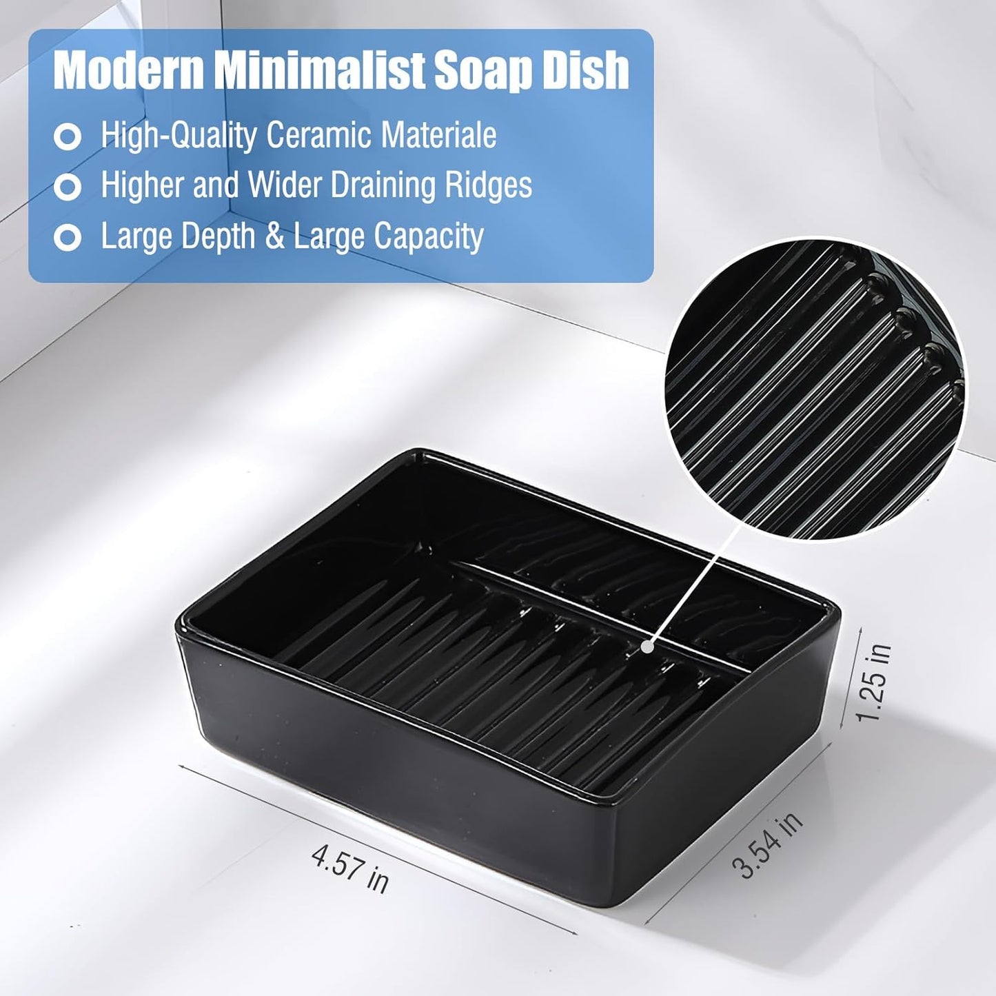Black Ceramic Soap Dish, Minimalist Soap Holder with Higher Draining Ridges, Multi-Purpose Soap Bar Holder for Bathroom Sink, Shower, Kitchen, Easy to Clean