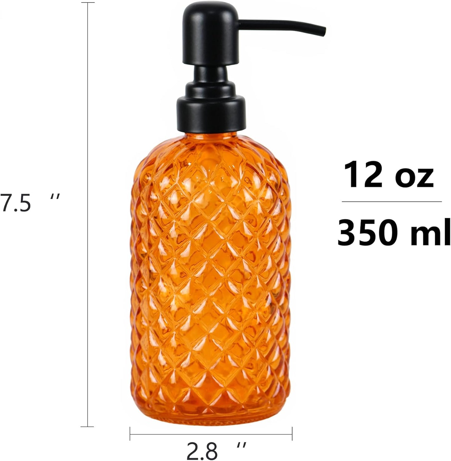 12Oz Glass Soap Dispenser with 304 Black Rustproof Stainless-Steel Pump, Refillable Glass Soap Dispenser for Kitchen, Bathroom, Farmhouse (Orange)