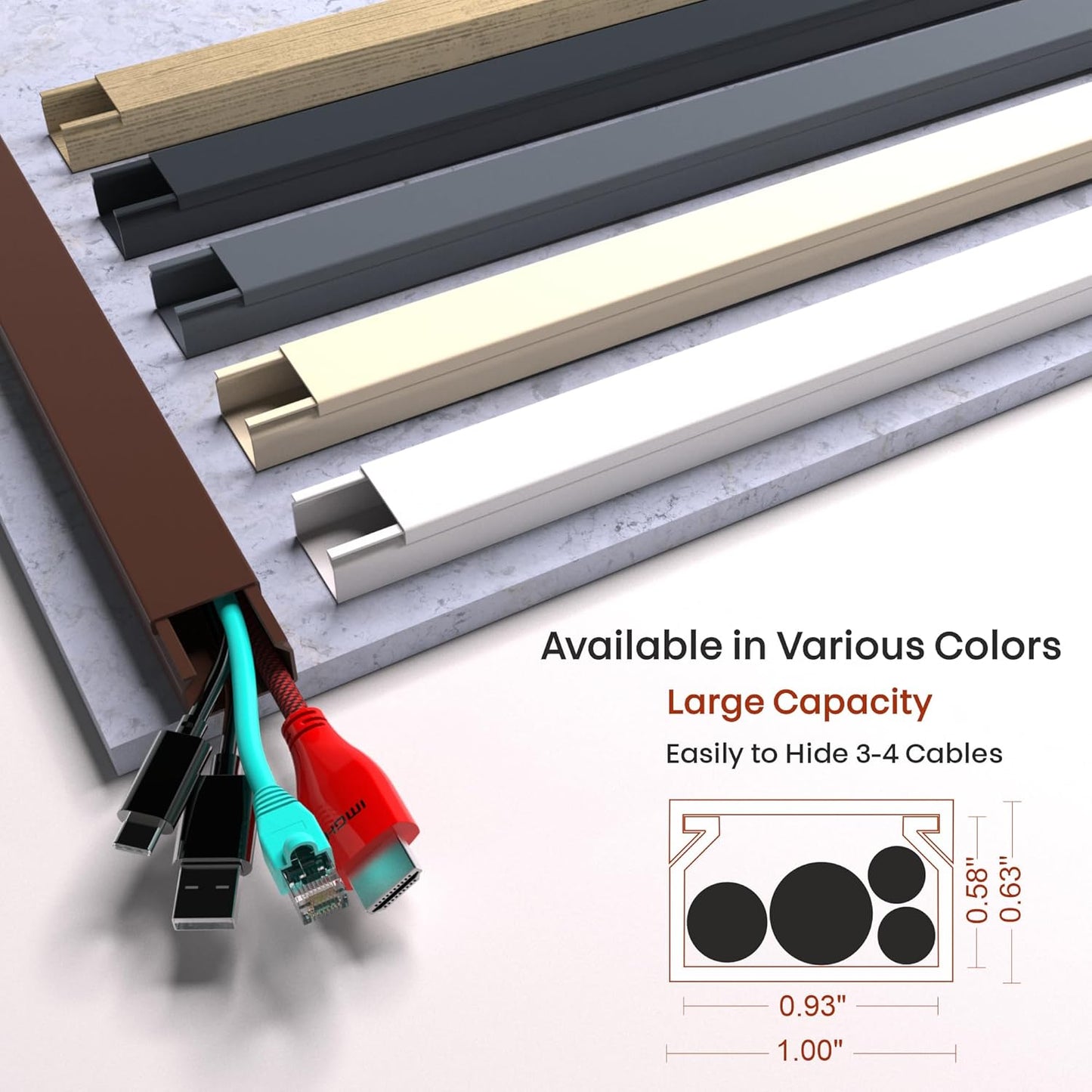 Brown Channel Kit Hide Wires - 157in Cord Concealer, Hide Along Walls, Extension Cord Safety Cover, TV Wall Wire Hiders