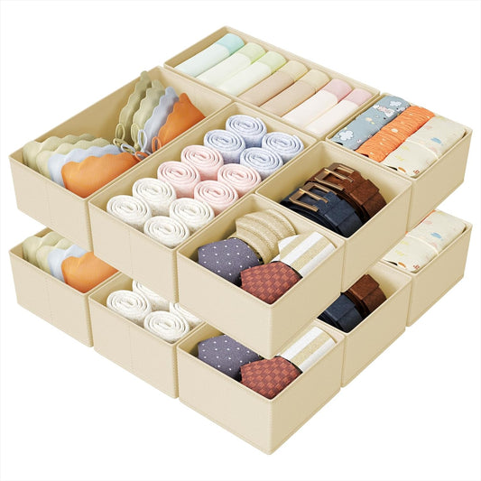 DIMJ Drawer Organizers Clothes, Set of 14 Dresser Organizer Bins, Fabric Closet Organizers and Storage, Shallow Drawer Dividers for Nursery, Clothing, Baby Clothes, Socks, Underwears, Tie (Beige)