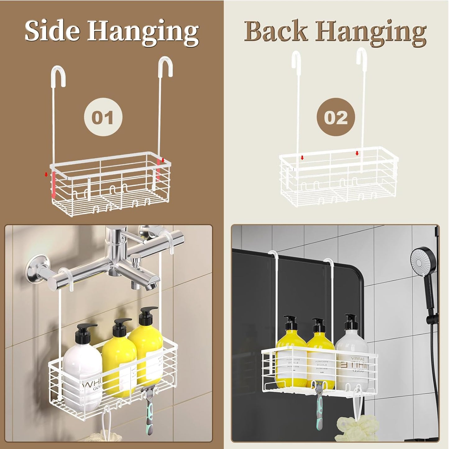 DELLAN Hanging Shower Caddy, Shower Rack Hanging for Bathroom, Shower Rack with Hooks Over the Door, Bathroom Shower Caddy and Basket(White)