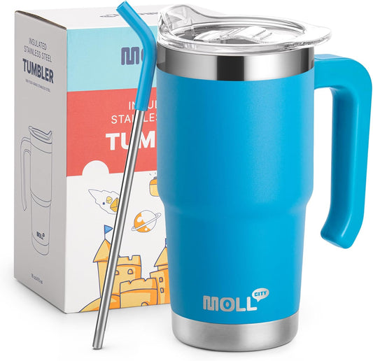 16 oz Tumbler with Straw Stainless Steel Double Wall Vacuum Insulated Coffee Cup with Lid and Handle-Reusable Travel Mug for Women, Girls(Sky Blue)