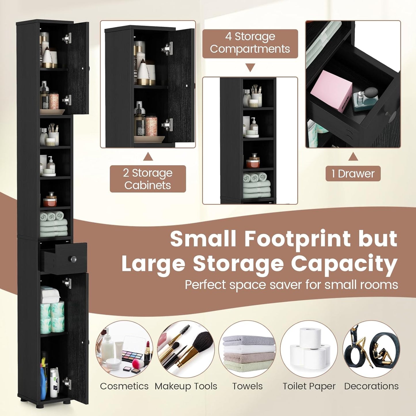 71" Tall Narrow Bathroom Storage Cabinet, Modern Skinny Toilet Paper Storage Organizer w/1 Drawer, 2 Doors & 5 Adjustable Shelves, Slim Tower Floor Cabinets for Small Spaces