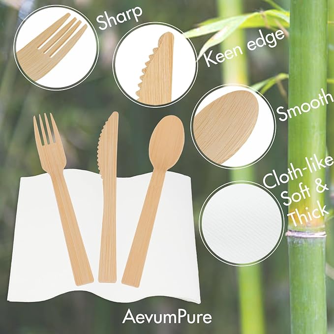 Pre Rolled Napkin and Bamboo Cutlery Set - 50 Sets (200 PCS)Disposable Wrapped Bamboo Utensils (50Forks,50Spoons,50Knives,50Compostable Napkins)-Wooden Silverware/Wrapped Plastic Tableware Alternative