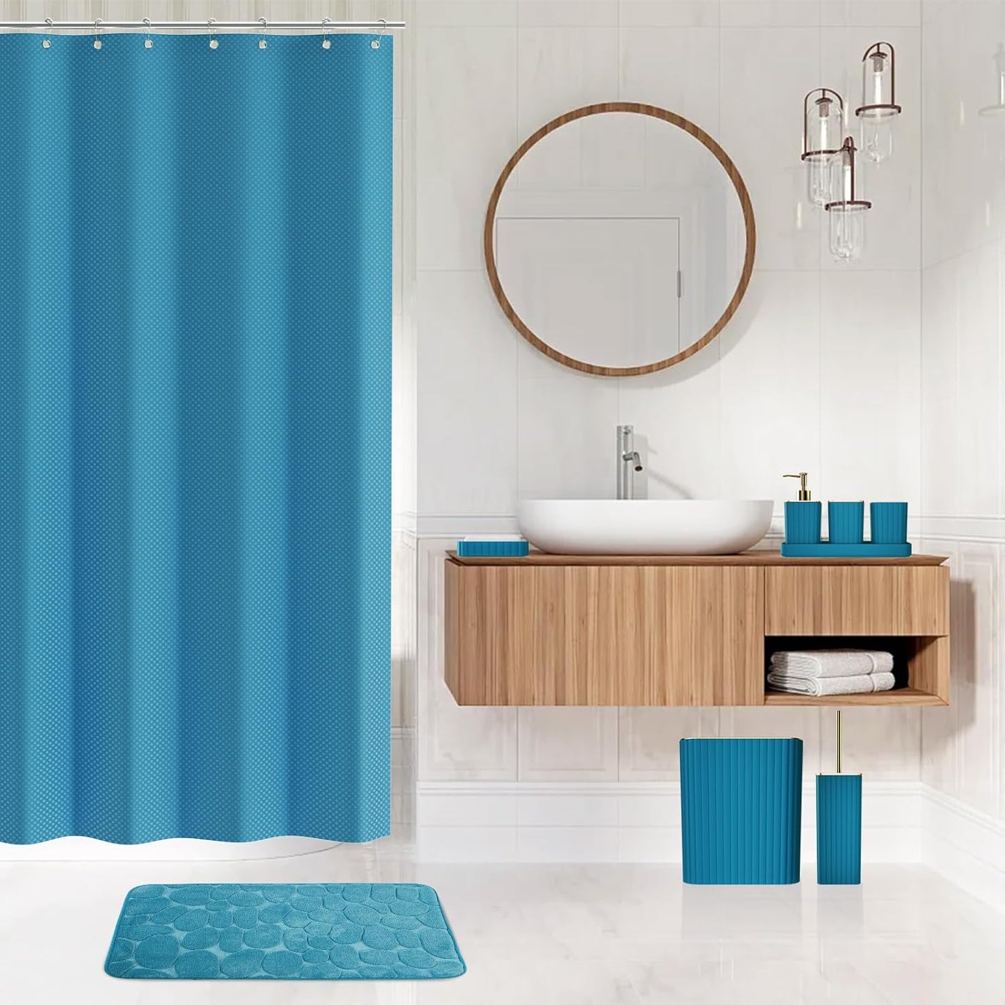 26PC Bathroom Accessories Set - Gorgeous Teal Bathroom Set, Bathroom Accessory Set, Shower Curtain Set with Bathtub Mats for Shower Tub,Trash Can & Soap Dispenser