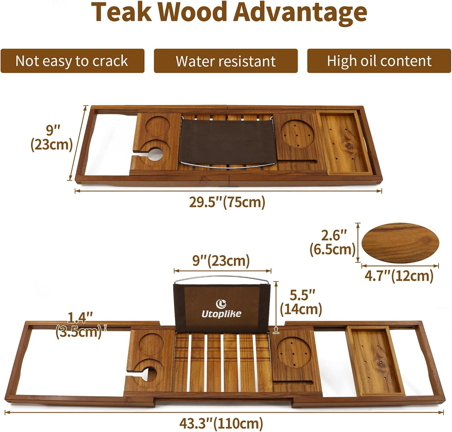 Utoplike Teak Bathtub Caddy Tray Bath Tray for Tub, Unique Bathtub Organizer with Book Tablet Wine Glass Cup Towel Holder, Adjustable, for Your Loved