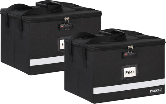 File Box with Lock 2 Pack - Portable File Box with Handle, Sturdy Important Document Organizer with Label, Slide, Reflective Strip for Hanging Letter/Legal Folder