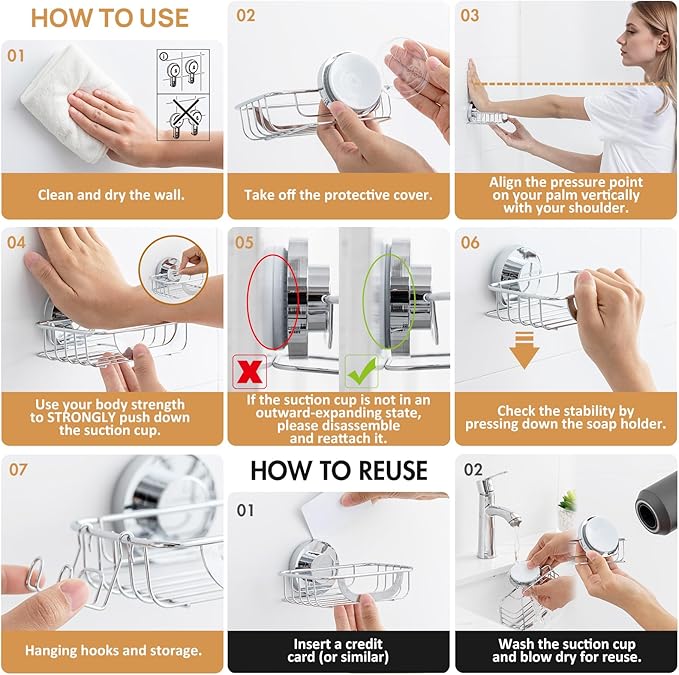 LEVERLOC Bar Soap Holder Dish with Hooks, Soap Tray Suction Cup Wall Mounted for Shower, Stainless Steel Sponge Holder Caddy for Bathroom Kitchen Sink Organizer, Rustproof, Silver