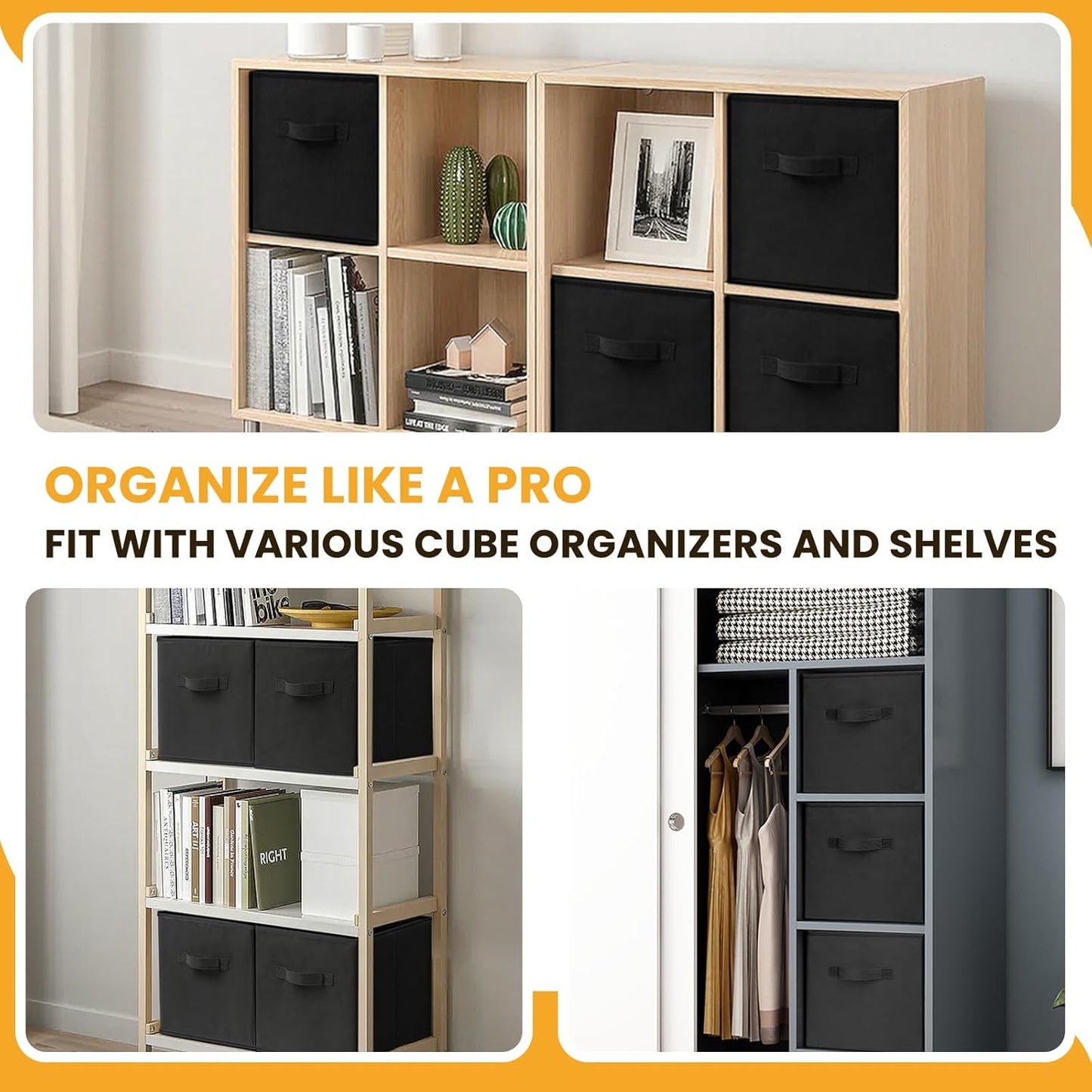 Large Storage Cubes- 13 Inch Cube Storage Bins for Organizing Shelves Kallax - Nursery Closet Organization Bins for Clothes Blanket - 10 Pack Collapsible Decorative Storage Box for Living Room (Black)