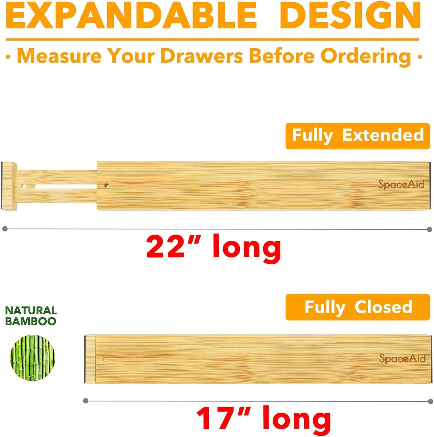 SpaceAid 4 Pack Bamboo Drawer Dividers with Labels, Kitchen Adjustable Drawer Organizers, Expandable Organization for Home Clothes Dressers (17-22 in, Natural)