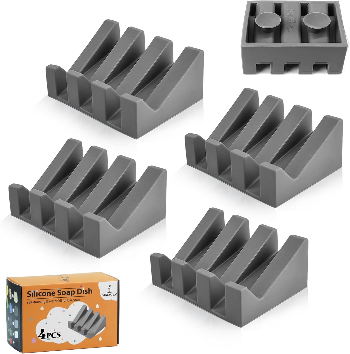 Silicone Soap Dish with Drain, Upgrade Double Suction Cups at The Bottom for Anti-Slip and Stability, Soap Dish Shower Waterfall Bar Soap Holder Tray with Drain Soap Holder (4, Grey)