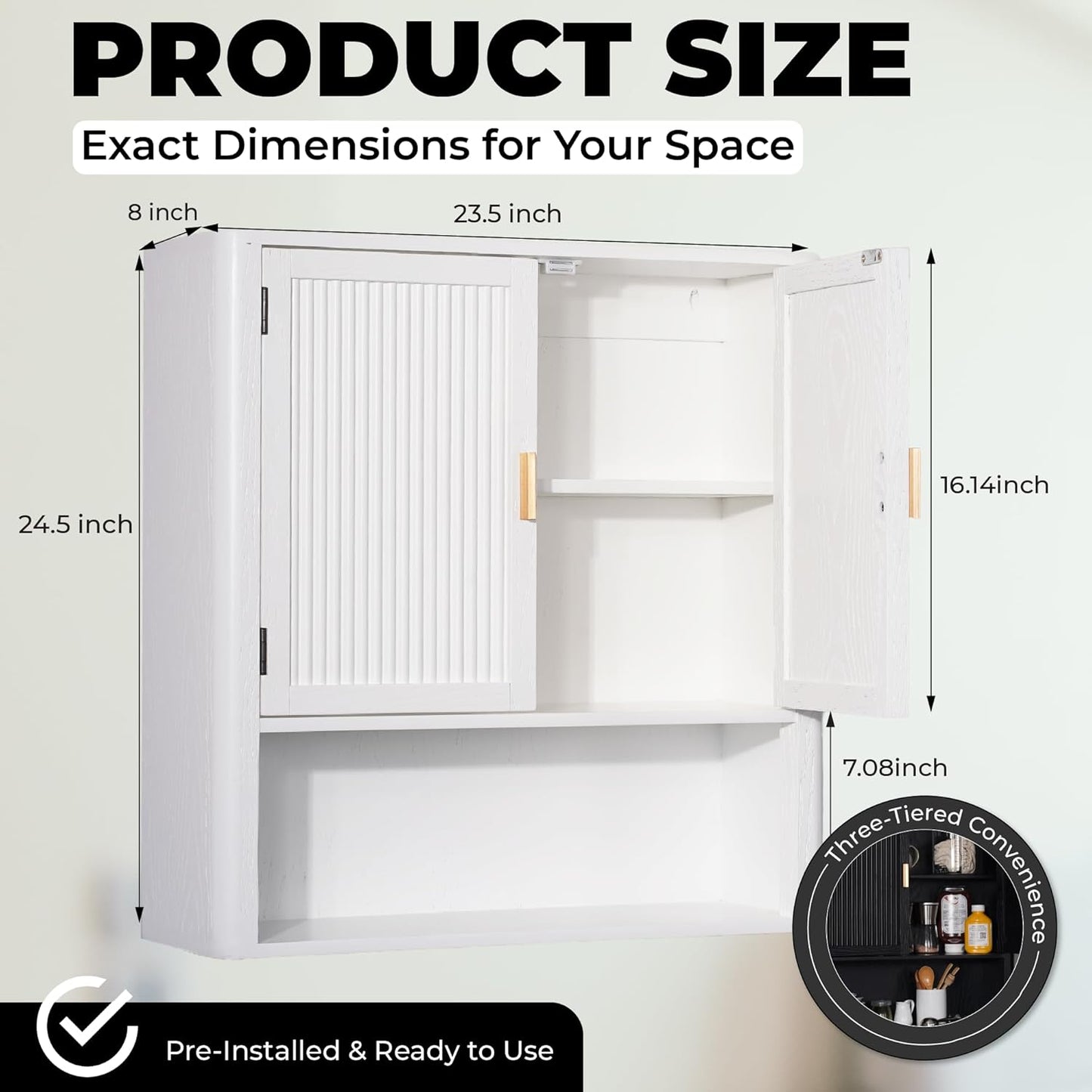 Bathroom Storage Cabinet – Pre-Assembled Wall-Mounted Medicine Cabinet with 2 Doors and Fixed Shelf, Over-The-Toilet Floating Organizer for Bathroom, Living Room, Kitchen, Laundry (White)