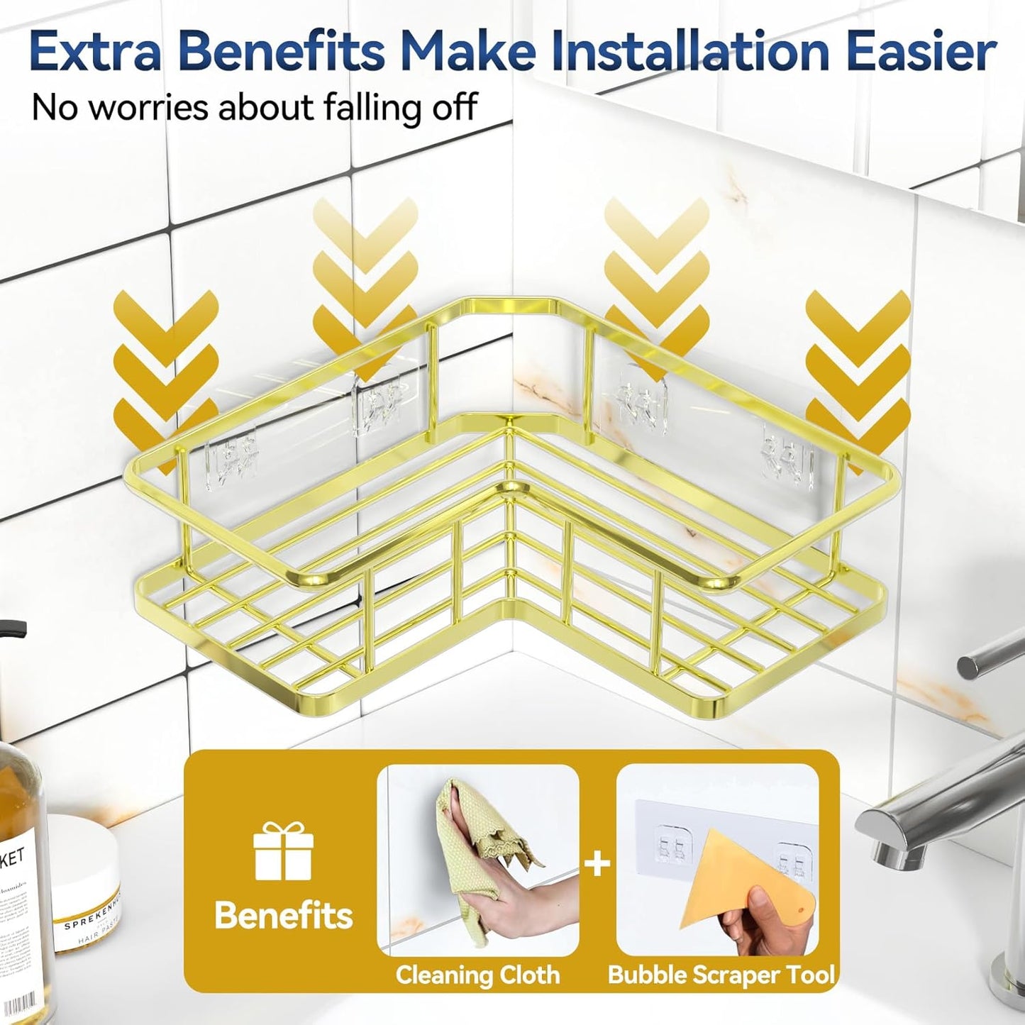 YASONIC Shower Caddy Corner, 3-Pack Adhesive Rustproof Stainless Steel Shower Shelves with Soap Holder, No Drilling Shower Organizer Corner for Dorm, Renters Bathroom, Gold