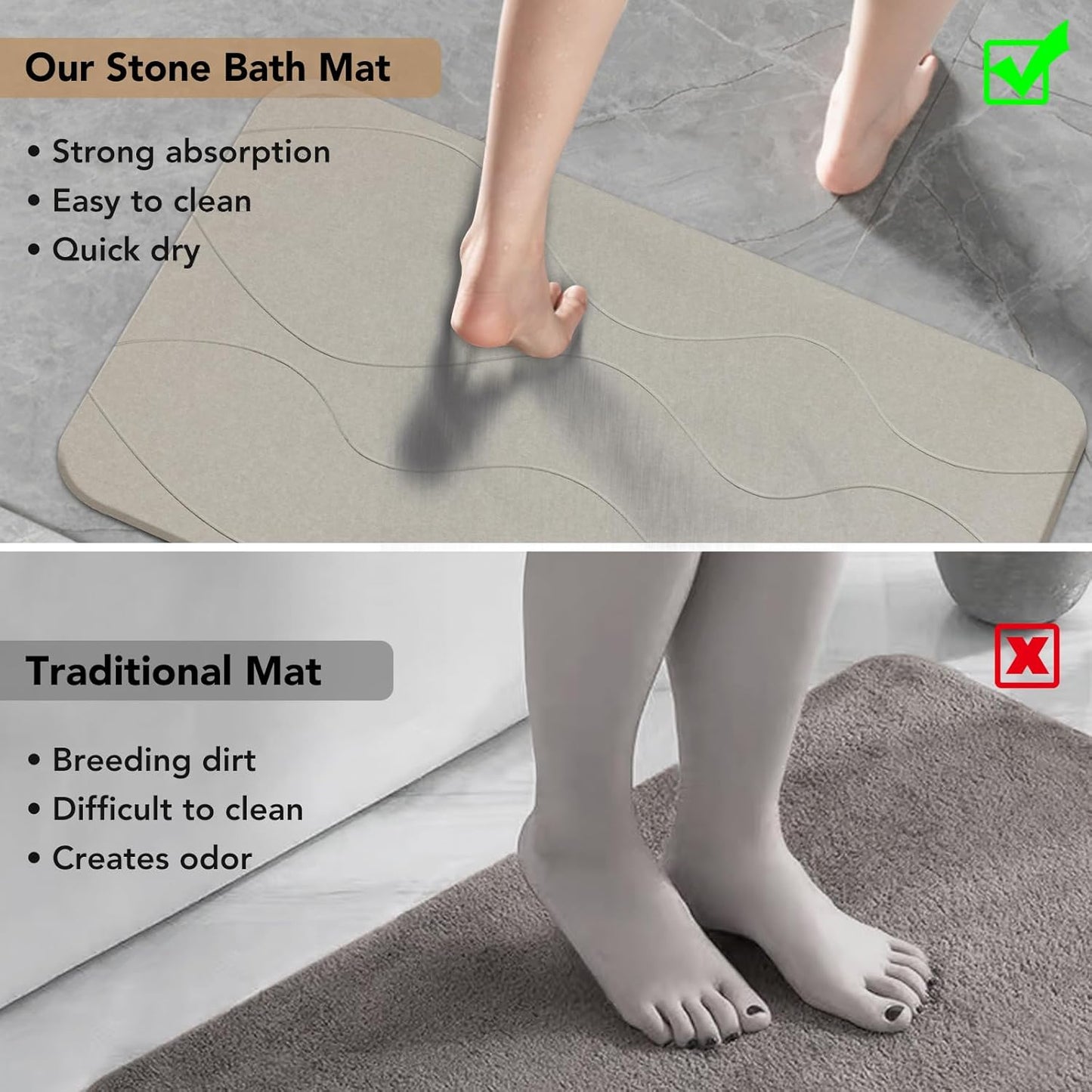 Stone Bath Mat, Diatomaceous Earth Shower Mat, Non-Slip Super Absorbent Quick Drying Bathroom Floor Mat, 2 Pack, Grey White