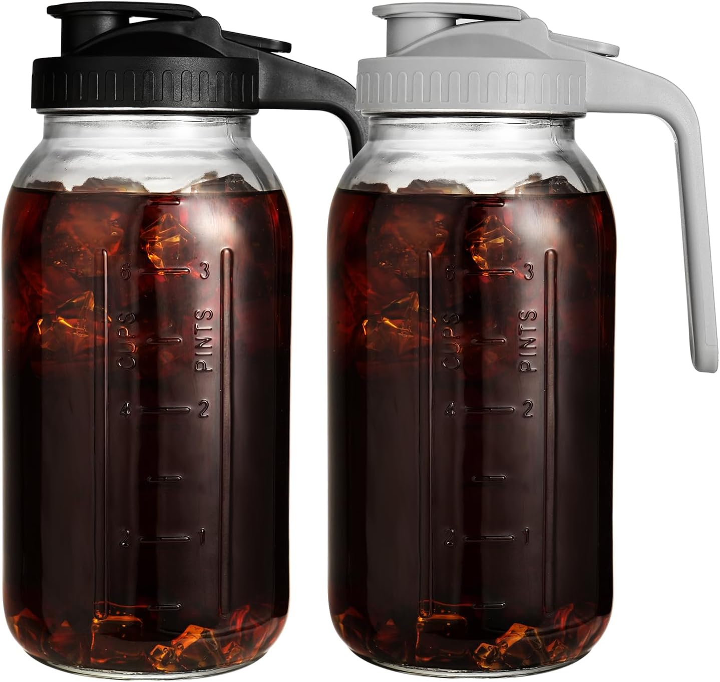 2 Pack 64 oz Glass Pitcher with Lid for Fridge, Half Gallon Pitcher with Lid, Leak Proof, Wide Mouth, 1/2 Gallon Glass Juice Jug for Ice Tea and Coffee (Black+Gray)