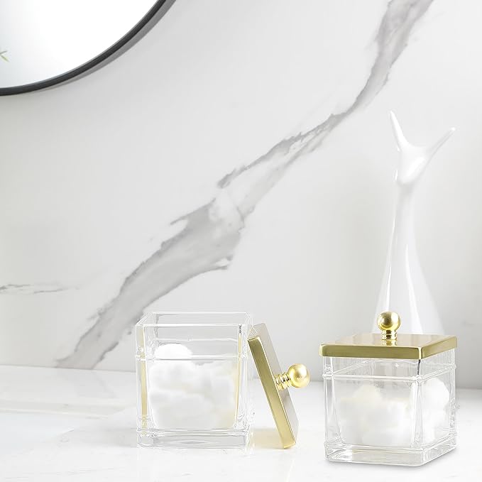 Glass Cotton Jar Holder 2 Pack– Brushed Gold Lid, Elegant Bathroom Storage Canister for Qtips, Cotton Balls, Floss, Makeup Organizer, Vanity & Bathroom Organization