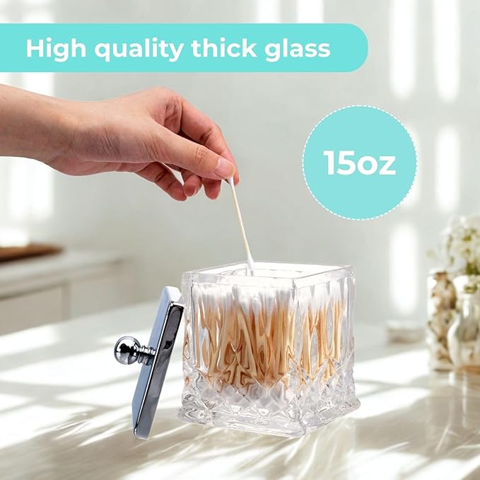 Qtip Holder,15Oz Clear Glass Apothecary Jars with Silver Lids for Bathroom Organization & Desk Storage,Thick Glass Apothecary Jars for Q-Tips,Cotton Rounds,Jewelry,Candy,Square