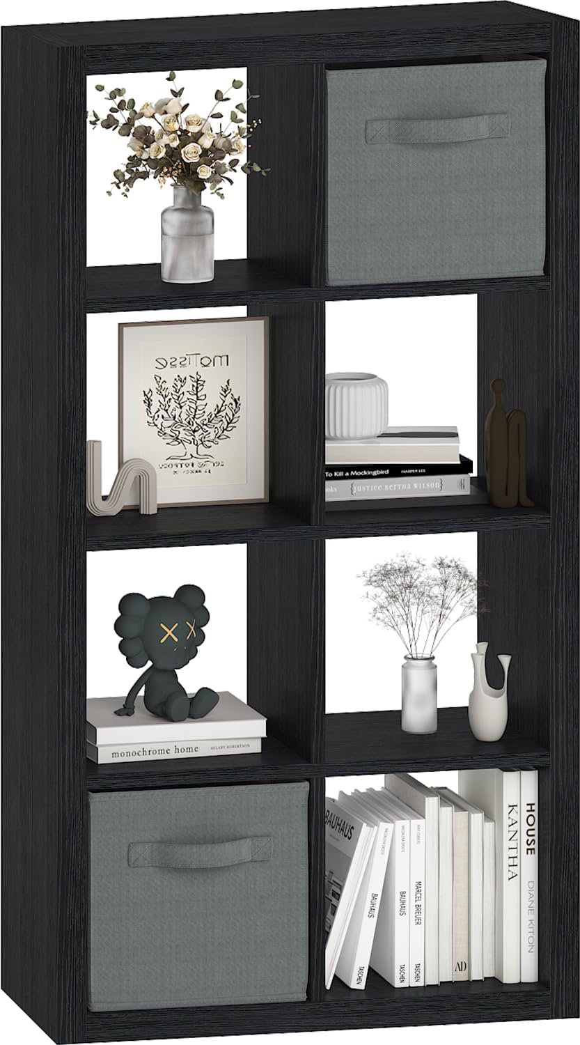 Bookshelf Cube Storage Organizer, 8-Cube Shelf Bookcase with Storage Bin, Modern Wood Open Shelf for Living Room, Bedroom, Home Office,Black