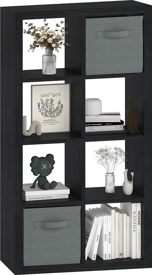 Bookshelf Cube Storage Organizer, 8-Cube Shelf Bookcase with Storage Bin, Modern Wood Open Shelf for Living Room, Bedroom, Home Office,Black