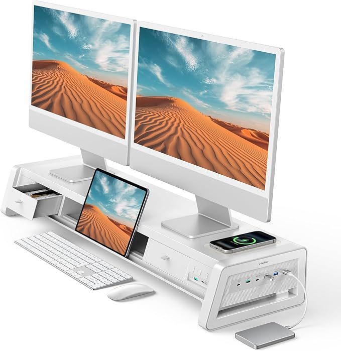Vaydeer All-in-One Dual Monitor Stand Riser with 2 Drawers, 8USB Ports and Wireless Charging Pad with LED Light Strip for 2 Monitors , Desk Organizer for PC, iMac (Metal, 39.3 inches)-White