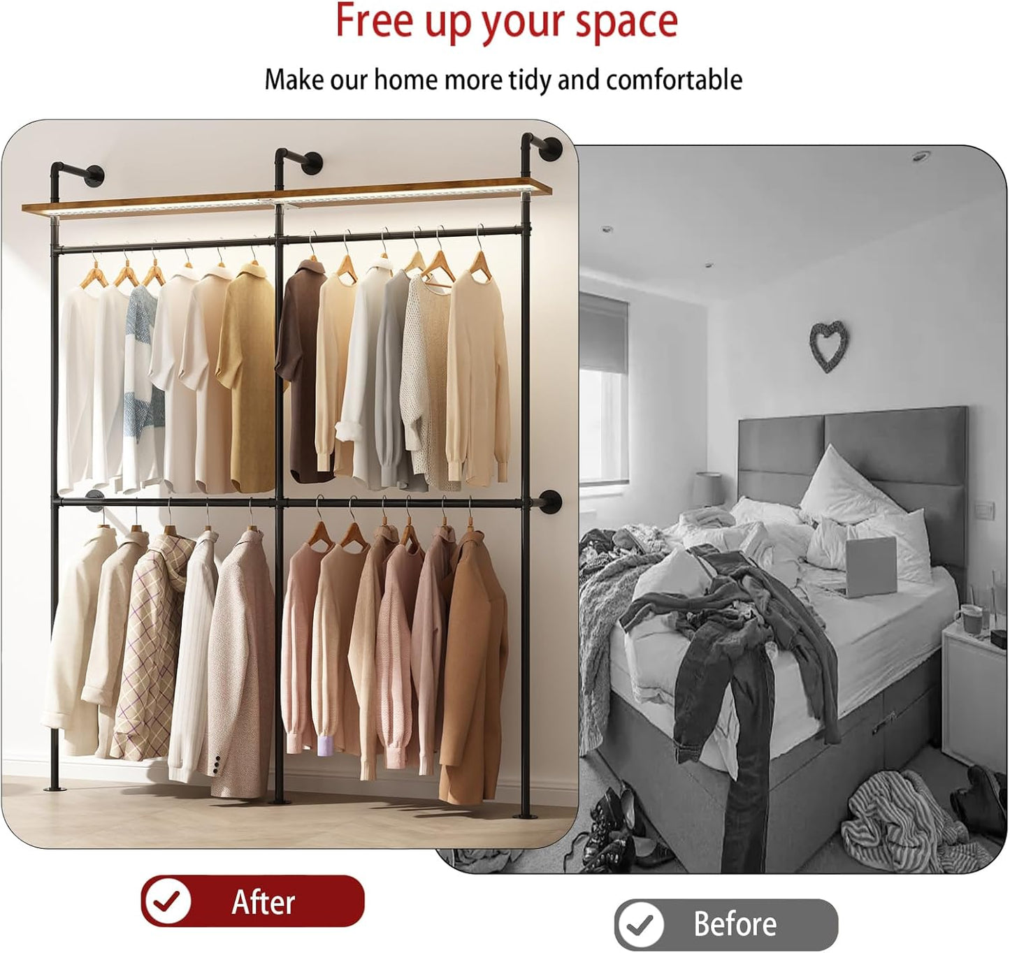 Industrial Pipe Clothing Racks with Shelves & LED Lights, 79" Wall Mounted Clothes Rack for Hanging Clothes, Heavy Duty Industrial Pipe Shelving for Walk-in Closet Storage, Black