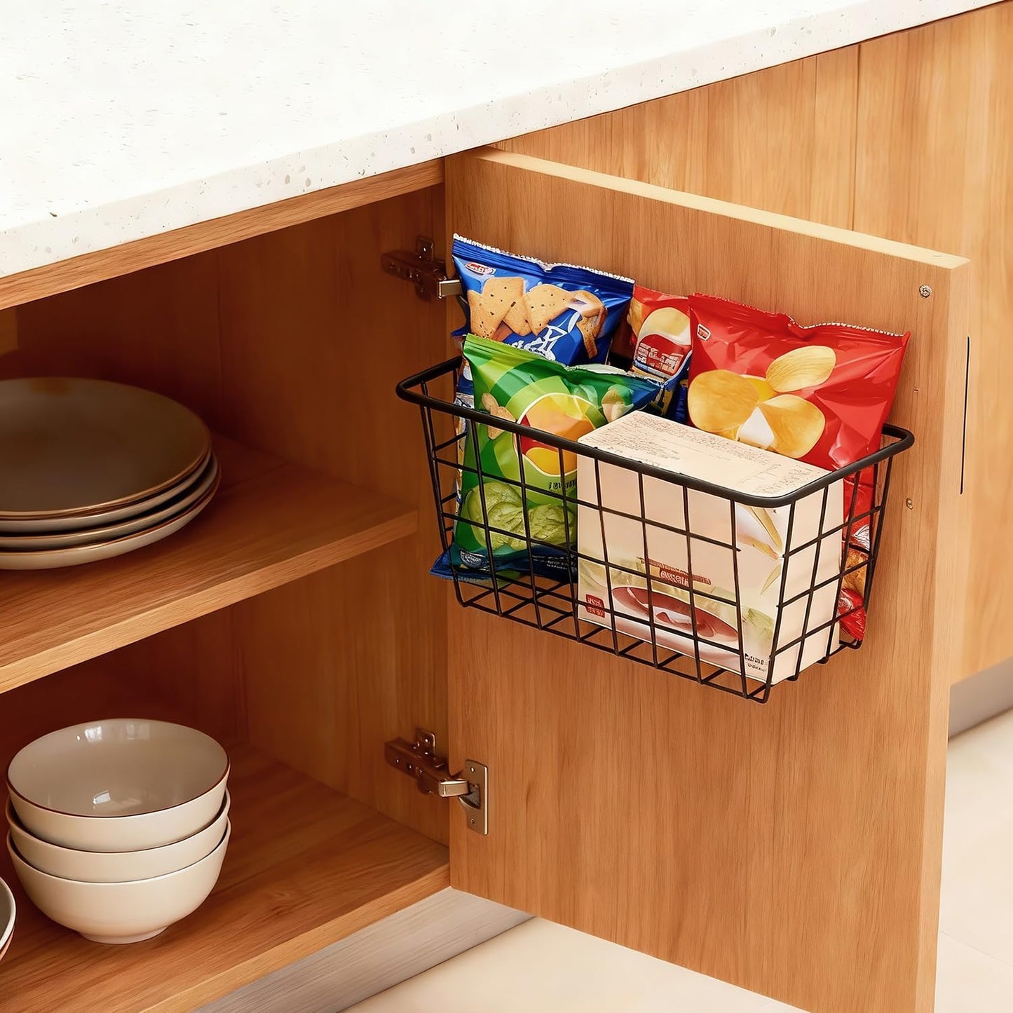 2 Set Adhesive Hanging Wall Basket Inside Cabinet Door Organizer,Wall StorageBasket-No Drilling Adhesive wall Basket for Cupboard Door, Space-Saving Small Hanging Baskets for Wall Mount Storage,Black