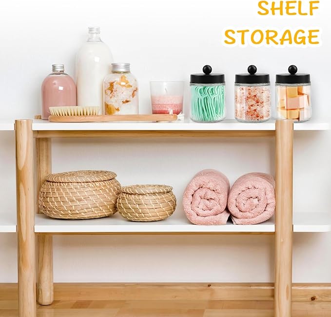 2 Pack Glass Apothecary Jars with Lids for Bathroom, Cute Qtip Holder, Black Bathroom Accessories Set, Small Bathroom Canisters with Lids for Q-Tips, Cotton Swabs, Black Bathhouses Decor