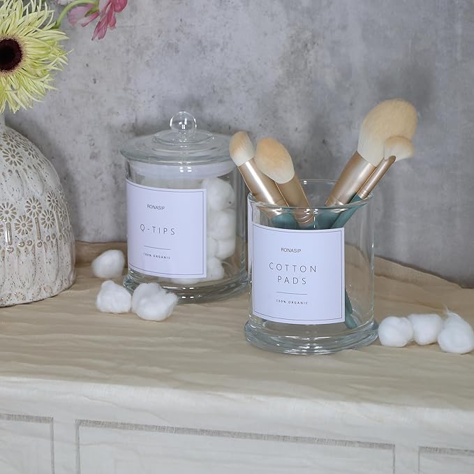 Qtip Holder & Cotton Pad Dispenser, Bathroom Organizer and Storage Canisters, 16oz Glass Apothecary Jars for Kitchen, Restroom - Home Decor, Room Decor Aesthetic (2 Pack, Transparent)