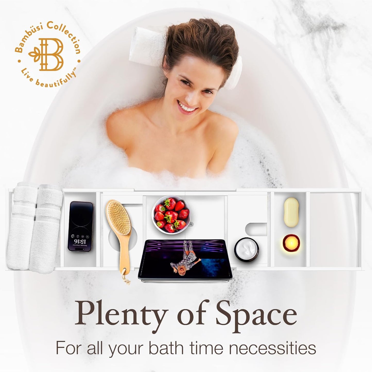 Bathtub Tray - Expandable White Bamboo Bath Tray for Tub with Wine Glass Holder, Book & Tablet Stand - Wooden Bathtub Caddy Tray for Bathroom Accessories, Spa Relaxation, Housewarming & Wedding Gift