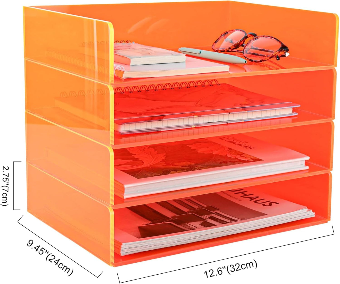 Acrylic File Organizer for Desk 4 Tiered Stackable Letter Tray Office Paper Storage Desktop Document Sorter, Neon Orange