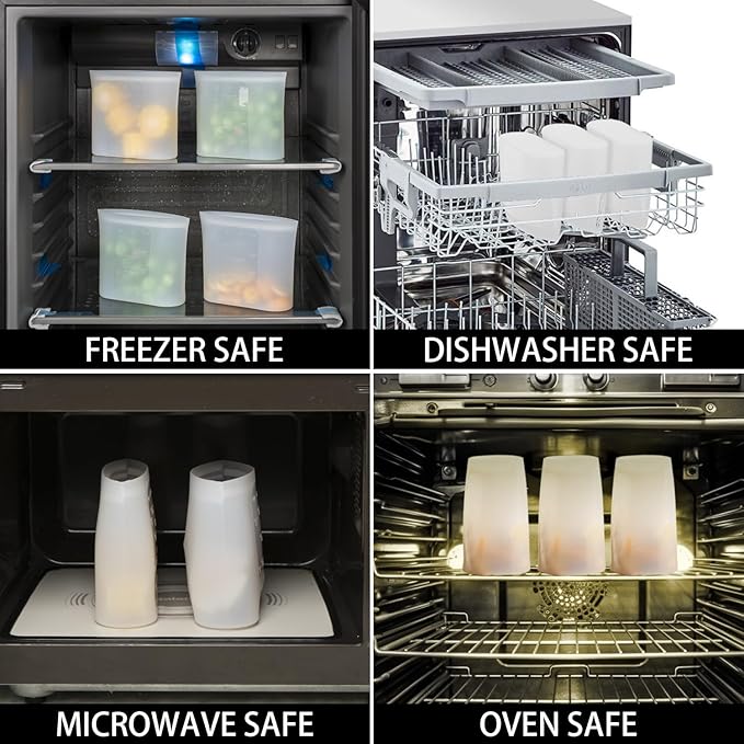 Reusable Snack Bags, 4 Pack, Stand Up 100% Silicone Reusable Storage Bag, Ziplock Silicone Food Storage Containers Snack Size, Freezer Microwave Oven Dishwasher Safe, Translucent, 16oz