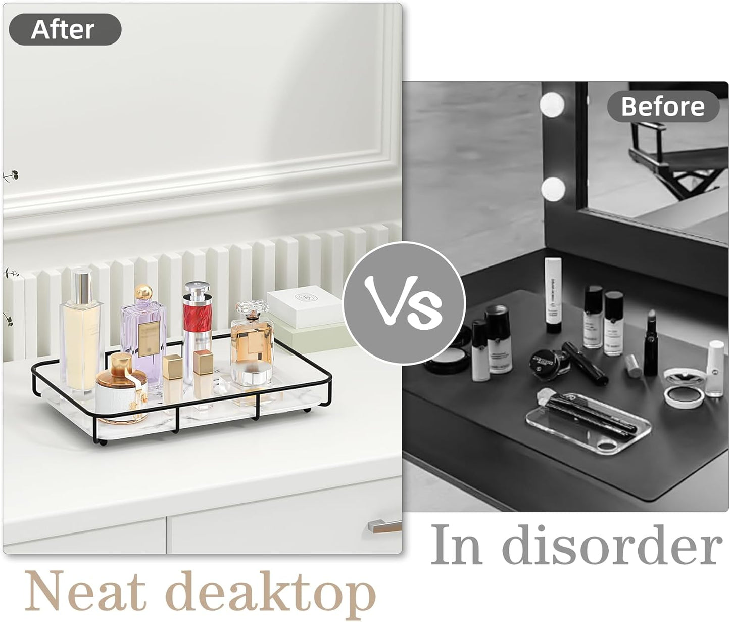Vanity Tray Makeup Organizer Cosmetics Storage Bathroom Skincare Organizer Countertop Display Rack in Dresser Stainless Steel Shelf Marble Print Ceramic Trays