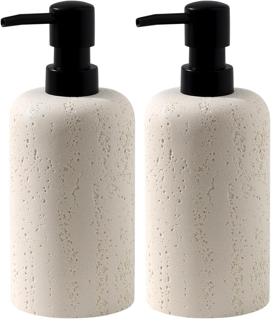 Soap Dispensers 400mL 13.5 OZ, 2 PCS Luxurious Hand Dish Lotion Shampoo Soap Dispenser Jar, Travertine Soap Bottles Rustproof Pump for Kitchen Bathroom Countertop