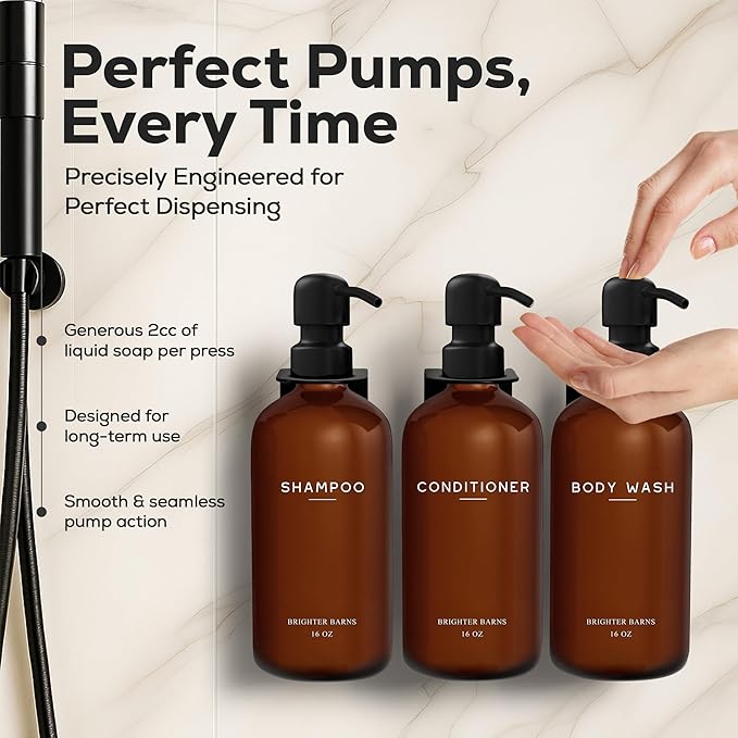 Amber Shampoo and Conditioner Dispenser Set Wall Mounted by Brighter Barns - Plastic Shower Dispenser Set - 3 Chamber Drill Free Shampoo Bottles - Modern Bathroom Decor for Guest Bathroom, Spa (Amber)