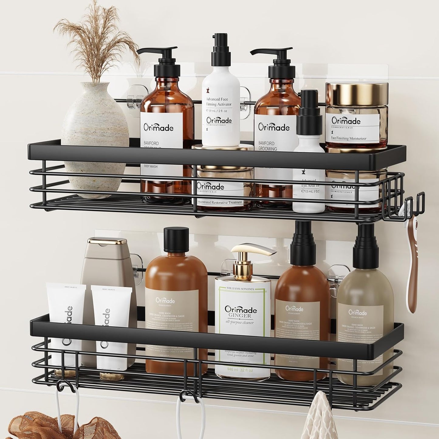 Orimade Shower Caddy with 5 Hooks for Hanging Razor and Sponge Adhesive Shower Shelf Basket Bathroom Storage Organizer Kitchen Rack No Drilling Stainless Steel Rustproof - 2 Pack,Black