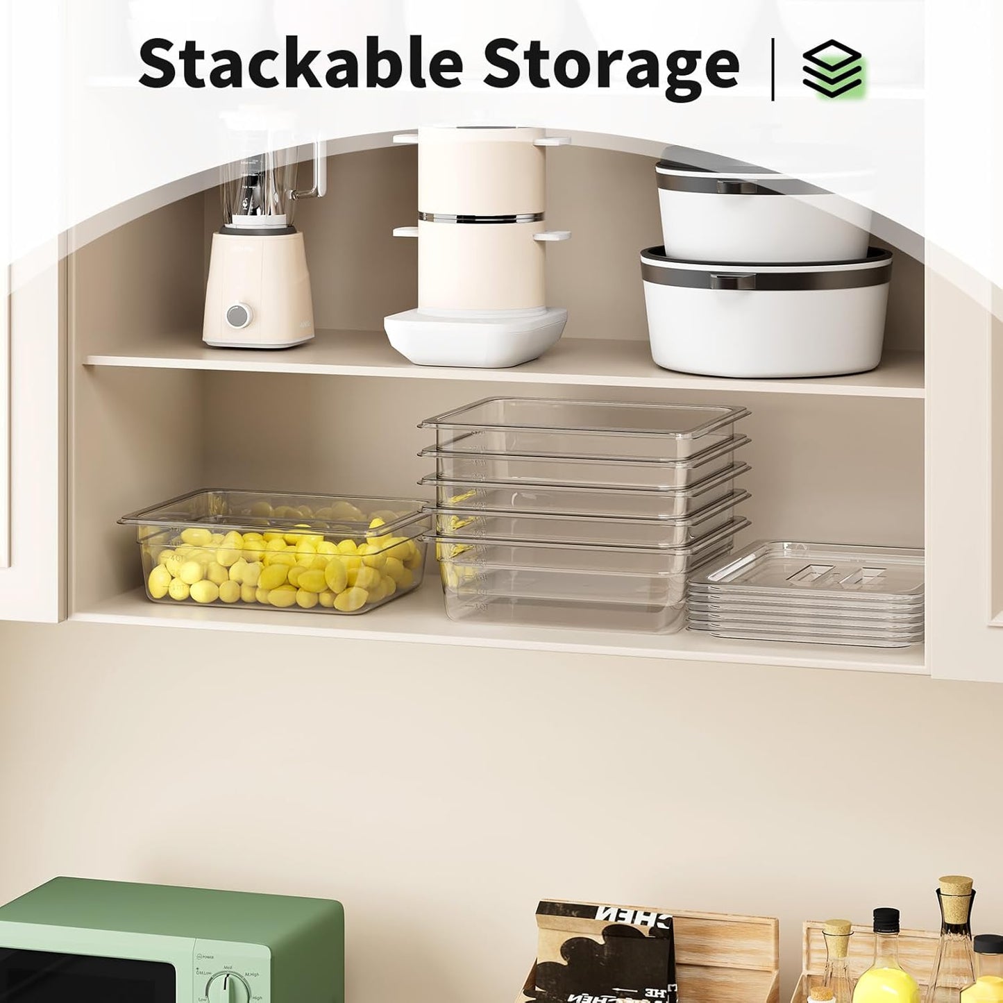 1/2 4'' 6 Pack Plastic Food Pans With Lids, Clear Food Pan, Commercial Stackable Polycarbonate Freezer-Safe for Fruits Vegetables Restaurant Kitchen