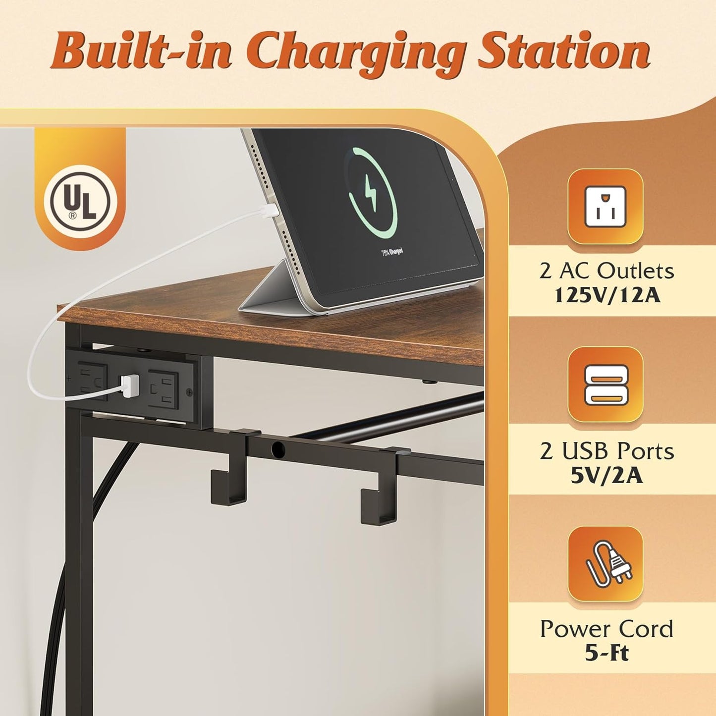 WLIVE 42''W Dresser for Bedroom with Hanging Rack, 3 Drawer Dresser with LED Lights & Charging Station, Fabric Dressers & Chest of Drawers, Storage Organizer with Open Shelves for Living Room, Brown