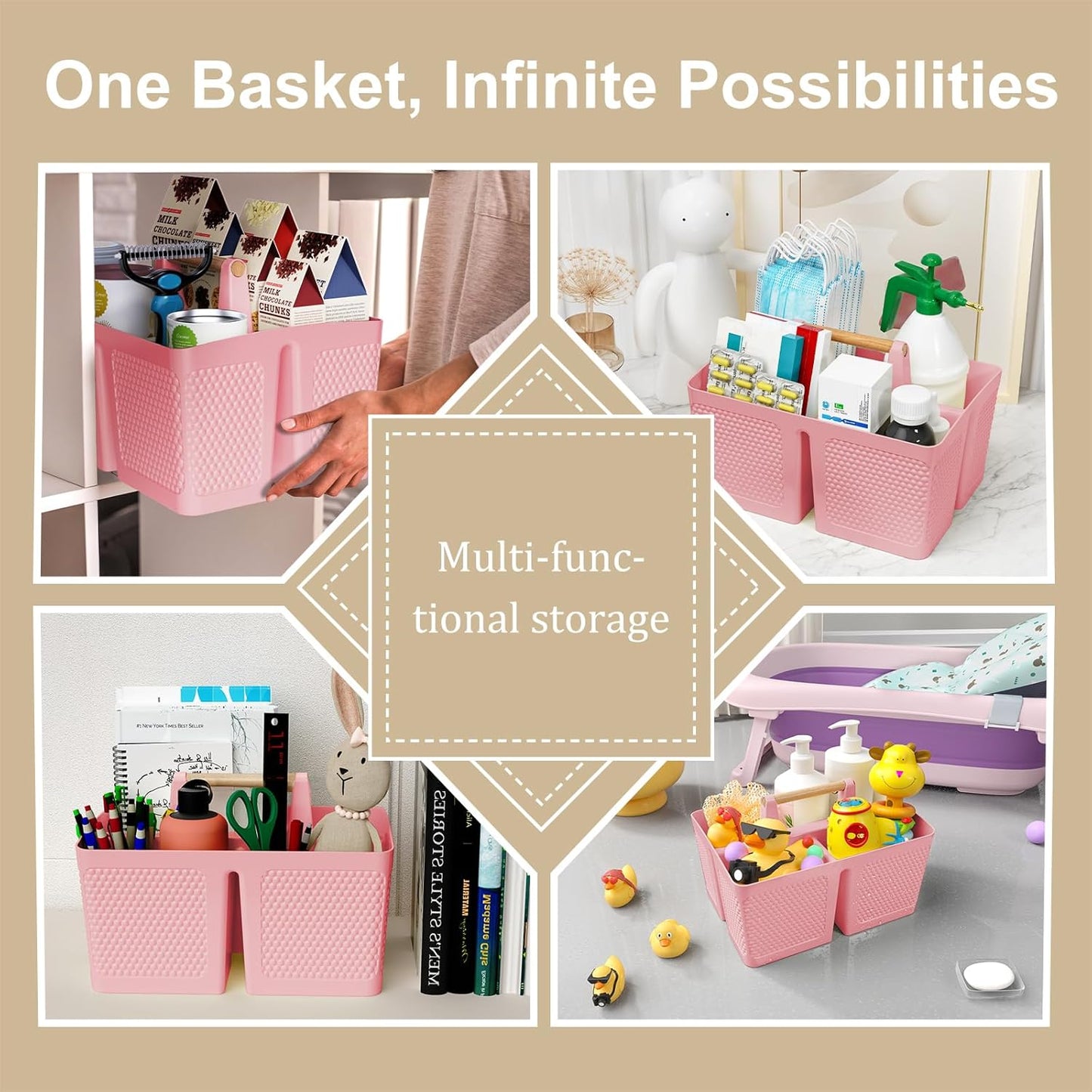 Shower Caddy Portable and Cleaning Caddy Organizer for Bathroom, Kitchen, Toiletries Storage ，Caddy organizer with handle, Rust-Resistant, Durable Material (Pink, 9.36" L×7.73" W×7.24" H)