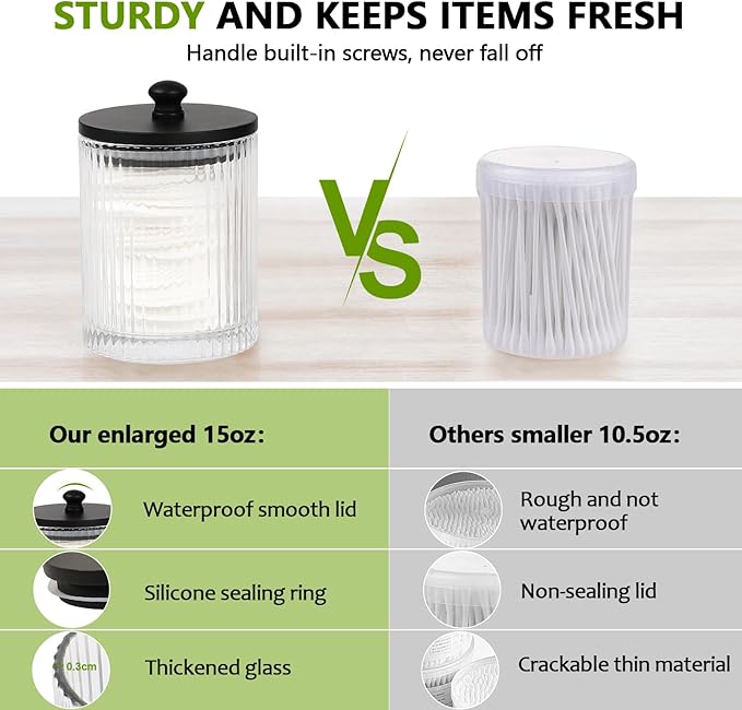 3 Pack Qtip Holder - Bathroom Organizers and Storage, Cotton Round Holder Floss Pick Cotton Ball Swab Holder with Tray, Glass Apothecary Jars with Lids Container Set -sw clear b