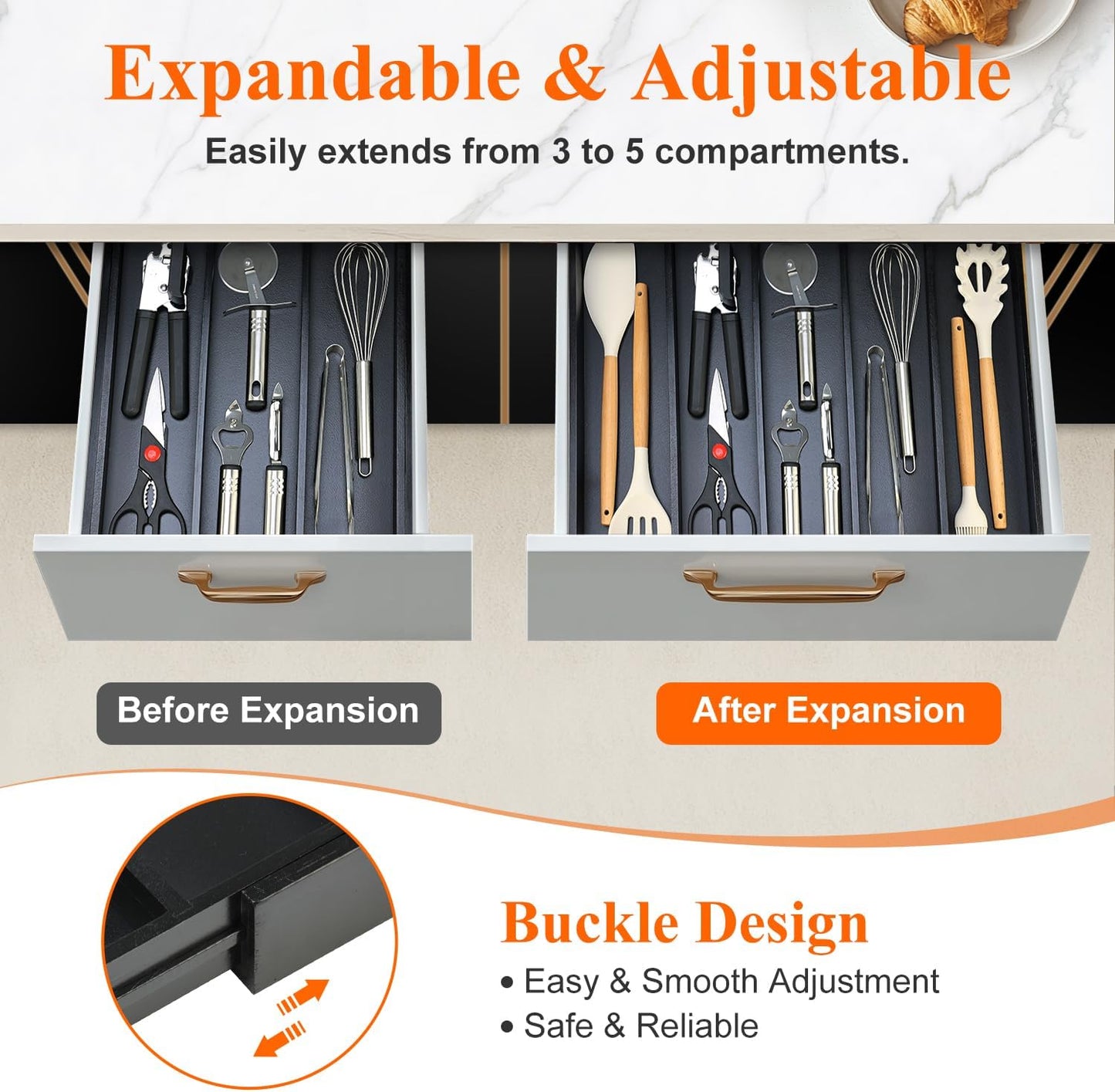 Expandable Large Kitchen Utensil Drawer Organizer Storage Black Bamboo Silverware Organizers Tray Divider Adjustable Spoon Flatware Organizer Wood Cutlery Tray Cooking Utensils Tool Holder Drawer