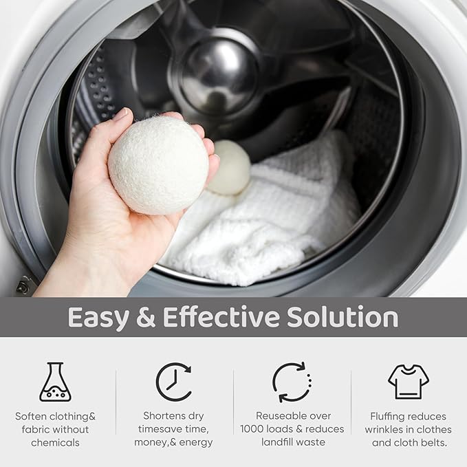 Wool Dryer Balls 6 Pack, Natural Fabric Softener, Dryer Balls Laundry Reusable, Reduces Clothing Wrinkles and Saves Drying Time (White)