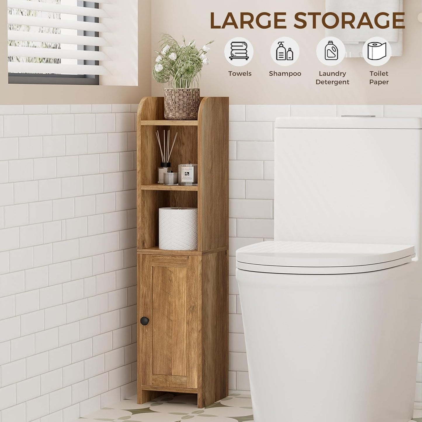 Homhedy Small Bathroom Storage Corner Floor Cabinet with Door and Shelves, Beside The Toilet Paper Stand for Skinny, Narrow Toilet Paper Cabinet, 7.9" D x 7" W x 31" H, Rustic Walnut